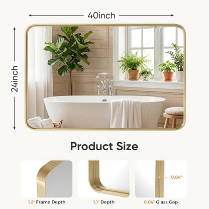 NEWBULIG Bathroom Wall Mirror, Vanity Mirror, 24x40 Inch | Matte Metal Framed, Tempered Glass Over Sink, Entryway Living Room Bedroom, Horizontal or Vertical Hang, Gold