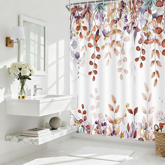 Orange Eucalyptus Shower Curtain, Watercolor Botanical Foliage Floral Terracotta Color Bathroom Curtains, Plants Leaves Waterproof Fabric Cloth Shower Curtain Set with Hooks 72X75 Inch