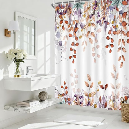 Orange Eucalyptus Shower Curtain, Watercolor Botanical Foliage Floral Terracotta Color Bathroom Curtains, Plants Leaves Waterproof Fabric Cloth Shower Curtain Set with Hooks 60X72 Inch