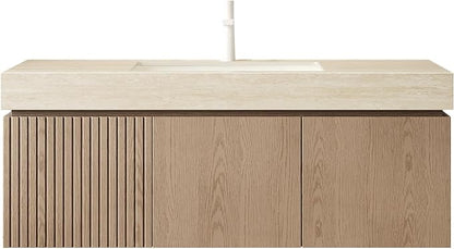 KEIKI 48 Inch Floating Bathroom Vanity with Sink, Light Brown & Beige | Modern Wall Mounted Storage Cabinet w/ Drawer & Door, Pre-assembled Wood Panels, Sintered Stone Top & Ceramic Basin Combo Set