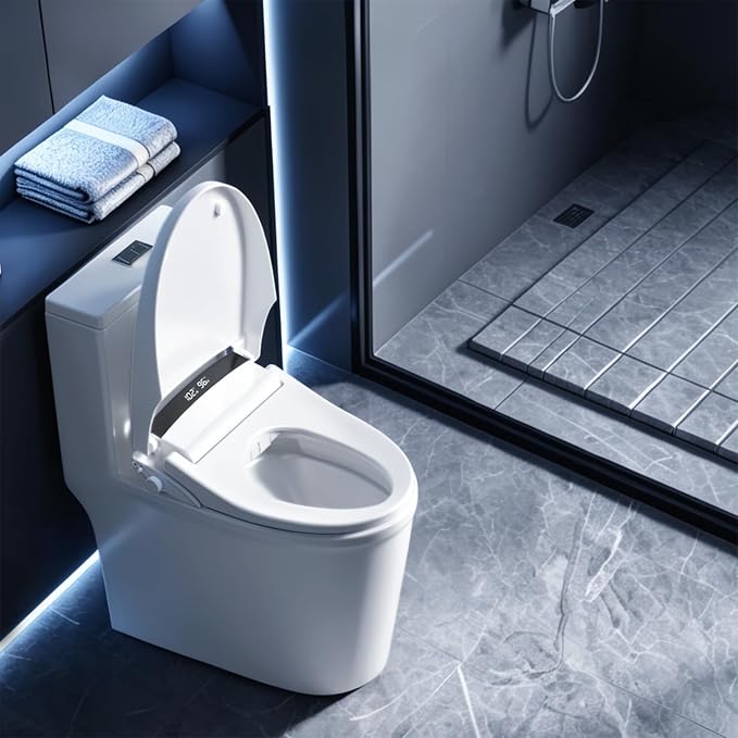 Electric Heated Bidet Toilet Seat with Auto Open/Close，Heated Toilet Seat, Instant Warm Water, Warm Air Dryer, Rear & Feminine with Oscillating Cleansing,LED Display,Remote Control,Elongated