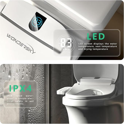 Round Bidet Toilet Seat, Smart Heated Toilet Seat with Warm Water and Dryer, Soft Close Bidet Seat with Adjustable Temperature, Stainless Steel Nozzle