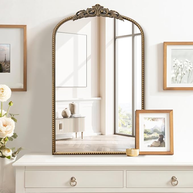 Micasso Bathroom Mirrors for Over Sink: 19"x31" Gold Vintage Arched Mirror | Traditional Ornate Baroque Decorative Antique Wall Mirror for Bedroom/Entryway/Hallway/Dresser/Vanity/Mantel/Nightstand