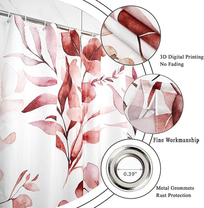 Burgundy Red Shower Curtain, Watercolor Eucalyptus Leaves Botanical Plants with Floral Bathroom Curtain Home Bathtub Decor Waterproof Fabric Machine Washable with 12 PCS Hooks,72" Wx78 L