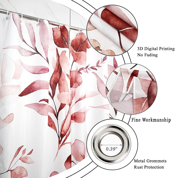 Burgundy Red Shower Curtain, Watercolor Eucalyptus Leaves Botanical Plants with Floral Bathroom Curtain Home Bathtub Decor Waterproof Fabric Machine Washable with 12 PCS Hooks,65" Wx72 L