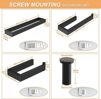 SAYAYO 7-Piece Bathroom Hardware Set Black, Includes 16 Inch Towel Bar | Towel Ring, Toilet Paper Holder & 4Pcs Coat Hooks Wall Mount, Towel Racks for Bathroom Accessories Set SUS304 Stainless Steel