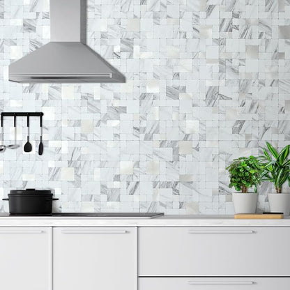 DICOFUN 1 Sheet White Marble Look Peel and Stick Tile Backsplash, Mixed Metal Silver Chips Kitchen and Bathroom Tiles, Stick on Backsplash for Stove