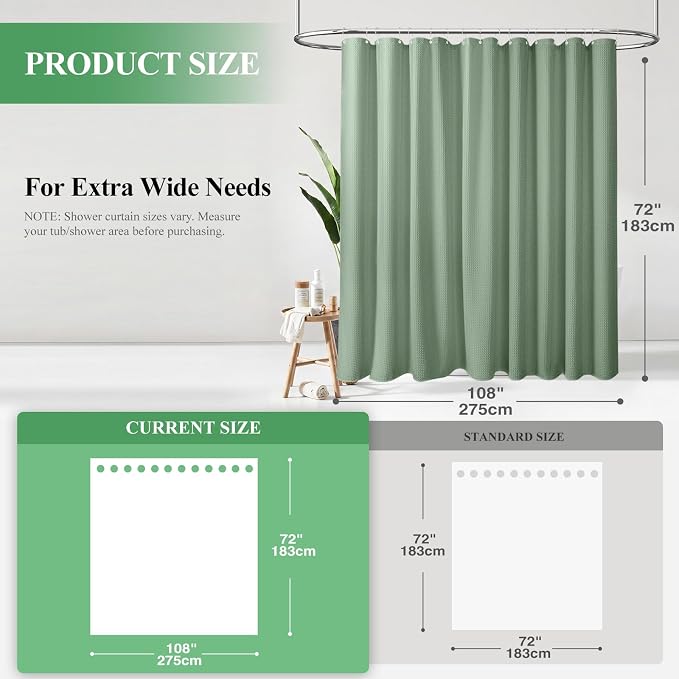 Extra Wide Waffle Shower Curtain 256 GSM Fabric 108x72 Sage Green | 108 Inch Wide, Thick Cloth, Weighted Hem, Water Repellent, Hotel Luxury Polyester Shower Curtain Set for Bathroom 18 Hooks