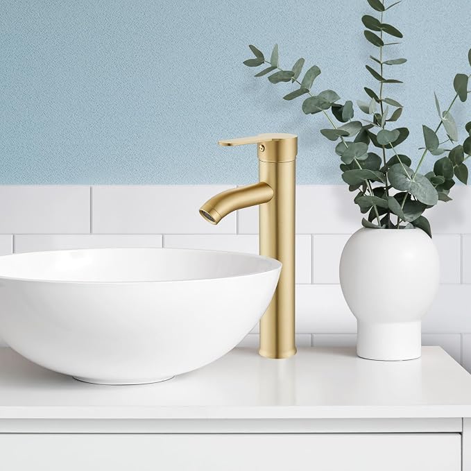 gotonovo Modern Vessel Sink Faucet with ABS Pop Up Drain, Brushed Gold | Modern Tall Bathroom Faucet 1 Hole Single Handle Round Body, cUPC Water Supply Hoses, Basin Mixer Tap for Vanity Lavatory Rv