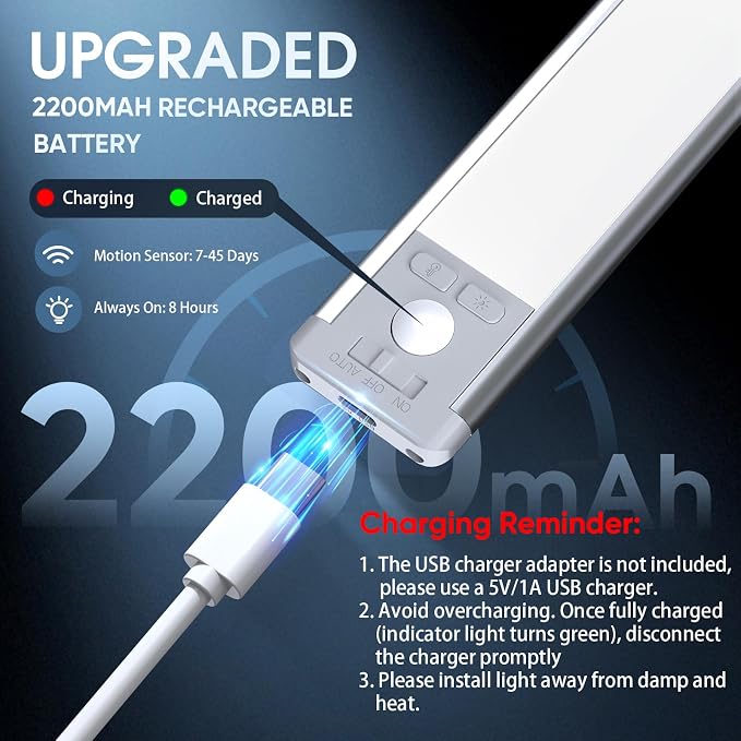 14.7inch Under Cabinet Lighting with 3 Color Temps, 2 Pack Rechargeable Motion Sensor Light Indoor, 5 Levels Dimmable Magnetic Closet Lights, Wireless Under Counter Lights for Kitchen, Stairs