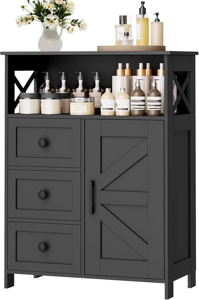 Homhedy Bathroom Storage Cabinet with 3 Drawers, Toilet Paper Cabinet | Farmhouse Freestanding Floor Cabinet with Door and Adjustable Shelf, Small Cabinet for Bathroom, Living Room, Black