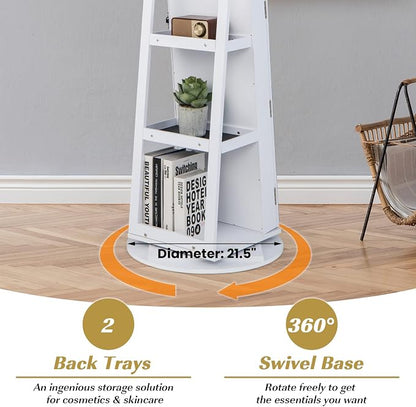 MAT EXPERT 360° Rotating Jewelry Armoire, Lockable Freestanding Jewelry Organizer w/Full-length Mirror, 3-Color LED Lights, Rear Storage Shelves, Mirror Jewelry Cabinet for Bedroom (White)