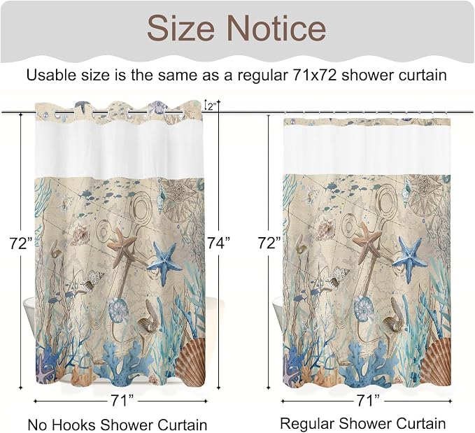 No Hook Shower Curtain and Liner Set, Retro Brown Beach Coastal 71x74 | Nautical Ocean for Bathroom, with Snap in Liner Replacement, Mesh Top Window, Waterproof, Machine Washable, Quick-Drying
