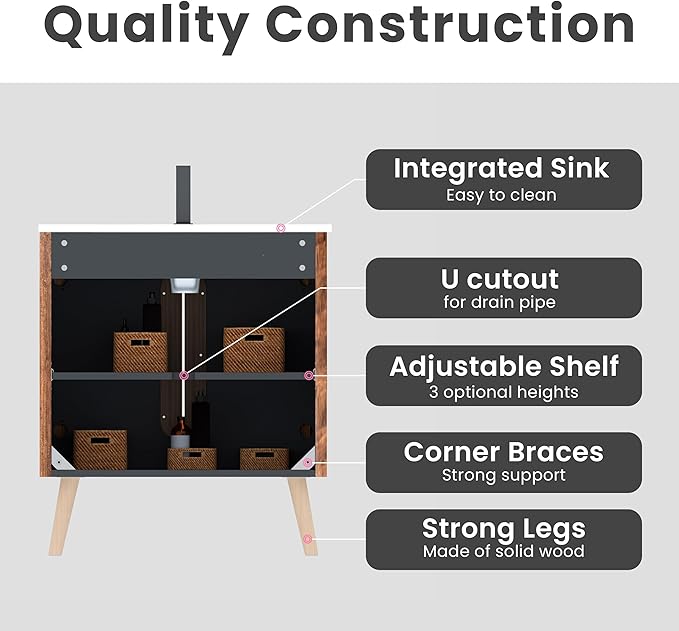 30" Modern Bathroom Vanity with Sink, Mid Century Modern Walnut Bathroom Cabinet with 2 Soft Close Doors, Large Storage with Shelf for Small Space, Apartment & Hotel Style
