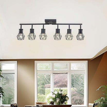 Matte Black Ceiling Mount Track Lighting 6-Light E26 for Kitchen | Matte Black 6-Light Farmhouse Track Lighting, Metal Cage, Adjustable Heads, E26 Base for Kitchen Bathroom Living Room