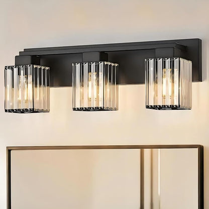 3-Light Modern Bathroom Light Fixtures, Black Vanity Light Over Mirror | Bathroom Vanity Wall Light with Square Crystal Shades, Vanity Lights for for Mirror, Bathroom, Restroom, E26 Socket, ETL