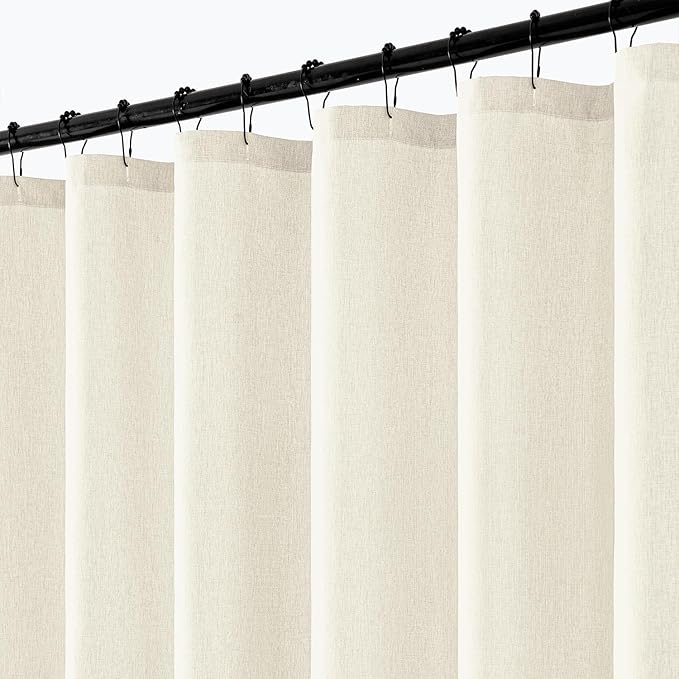 ANRODUO Ivory Linen Textured Fabric Shower Curtain Set - W60xL72 | Farmhouse Shower Curtain with 10 Metal Hooks, Waterproof Heavy Duty, Button Hole Design, Machine Washable for Bathroom