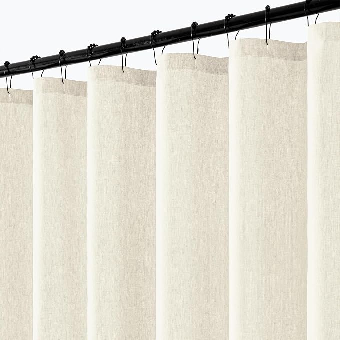 ANRODUO Ivory Extra Long Linen Fabric Shower Curtain Set - W72xL96 | Farmhouse Shower Curtain with 12 Metal Hooks, Waterproof Heavy Duty, Button Hole Design, Machine Washable for Bathroom