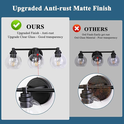 Upgrade Matte Black Bathroom Light Fixtures, Modern Vanity Light with Globe Glass Shade, 3-Light Bathroom Lights Over Mirror, Vanity Lights for Bathroom Bedroom Kitchen Hallway Living Room
