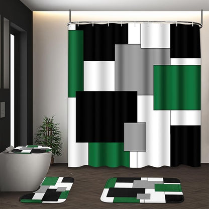 Bathroom Sets with Shower Curtain and Rugs, 4 Pcs, Geometric Green | Checkered Abstract Bathroom Decor Set with Toilet Lid Cover, Non-Slip Bath Mats and Accessories 12 Hooks