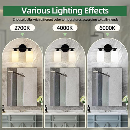 2-Light Bathroom Light Fixtures, Black Modern Vanity Lights with Milky White Frosted Glass Shades, Wall Sconce Light for Bedroom, Living Room and Hallway, 2-Pack