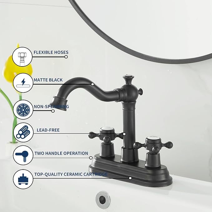 Bathroom Faucet Matte Black 2 Handles 4 Inches Centerset Black Bathroom Vanity with Drain Assembly and Supply Hose Lavatory Faucet