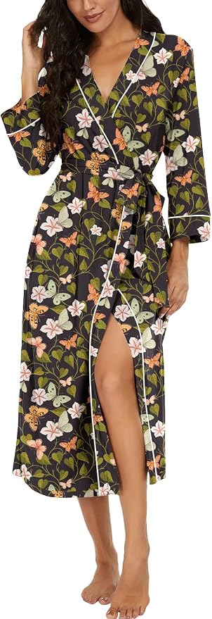 PrinStory Robes for Women 3/4 Sleeve Long Bath Robe XS-4XL | V-Neck Knit Bathrobe with Pockets, Lightweight, Soft, Breathable Robes for Shower, Spa, Travel, Home, Party, Nursing