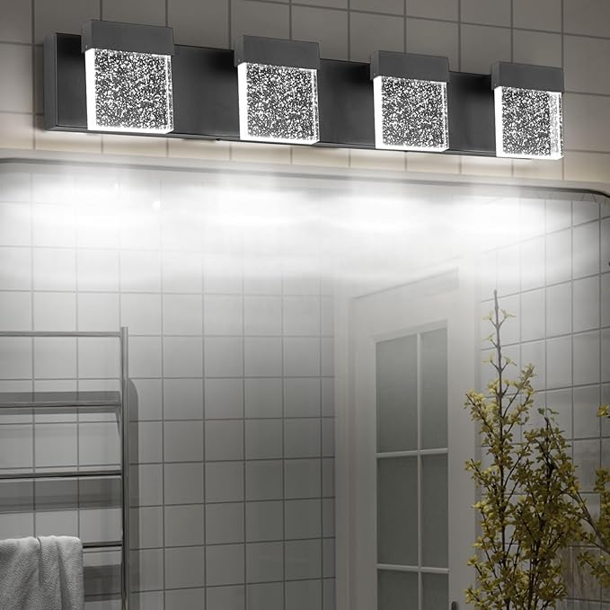 30.5 Inch 4 Light Bubble Black Crystal Bathroom Vanity Light Fixture, LED Over Mirror, Modern, 6000K