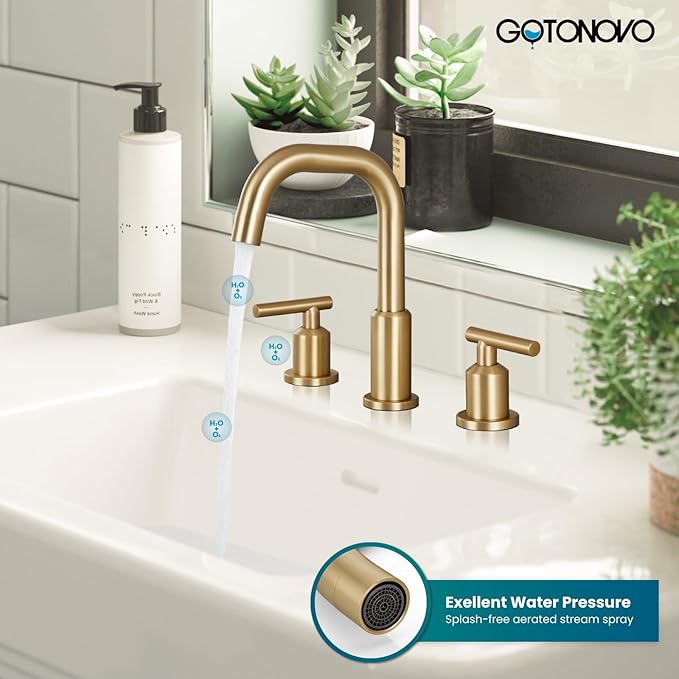 gotonovo 8 Inch Widespread Bathroom Sink Faucet 3 Hole 2 Handles Lavatory Basin with Pop Up Drain with Hot and Cold Mixer Valves Vintage Brushed Gold