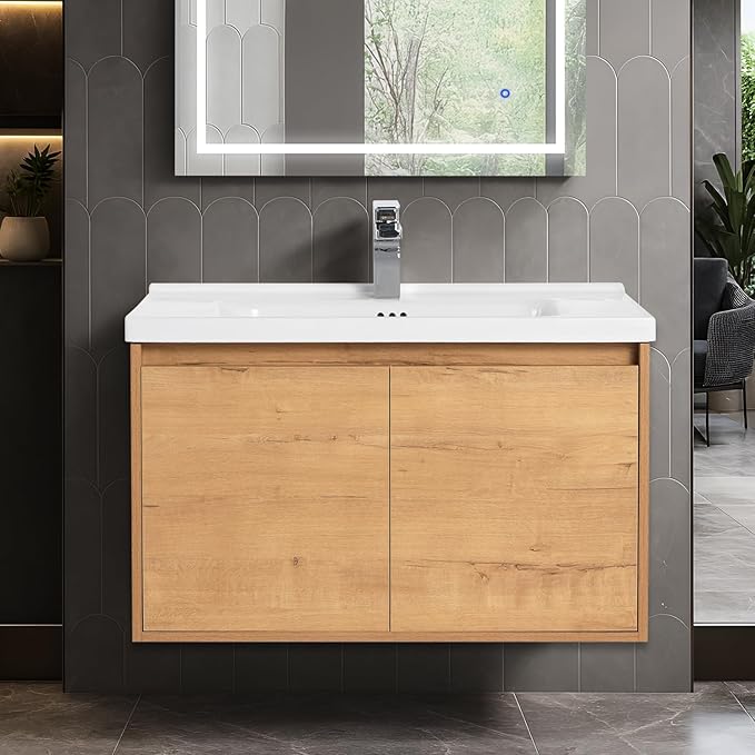 Blossom 32 Inch Bathroom Vanity with Sink, All Wood Wall Mounted Floating Bathroom Vanity with Ceramic Sink, Modern Soft-Close Doors & Storage, Bathroom Sink Cabinet, Classic Oak, 32'' Ceramic Sink