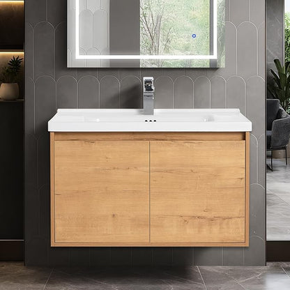 Blossom 32 Inch Bathroom Vanity with Sink, All Wood Wall Mounted Floating Bathroom Vanity with Ceramic Sink, Modern Soft-Close Doors & Storage, Bathroom Sink Cabinet, Classic Oak, 32'' Ceramic Sink