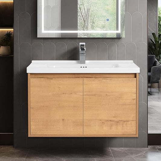 Blossom 32 Inch Bathroom Vanity with Sink, All Wood Wall Mounted Floating Bathroom Vanity with Ceramic Sink, Modern Soft-Close Doors & Storage, Bathroom Sink Cabinet, Classic Oak, 32'' Ceramic Sink