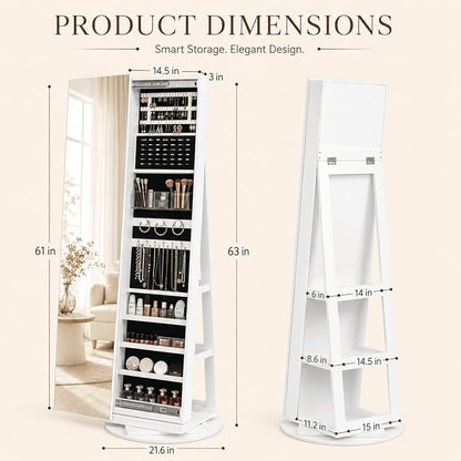 Bonnlo 360° Swivel Jewelry Cabinet with Sliding Door, Standing Jewelry Organizer Box with Full-Length Mirror, Rotating Jewelry Armoire with Large Storage Capacity, Rear Shelves for Bedroom