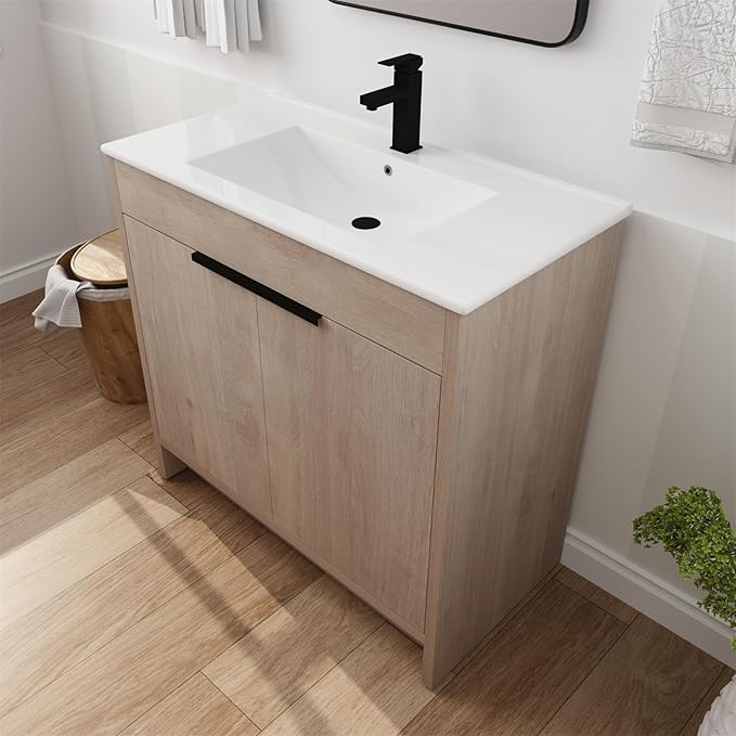 SSLine 36-Inch Bathroom Vanity with Sink Mid-Century Bathroom Vanities with Top Basin Floor Wood Bathroom Sink Cabinet with Soft-Close Doors & Adjustable Storage Shelves (Light Oak)