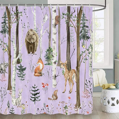 JAWO Rustic Forest Shower Curtains, Lodge Cabin Woodsy RV Shower Curtain, Wildlife Animals Woodland Campers Camping Bathroom Set with Hooks, 72X75 Inch, Purple