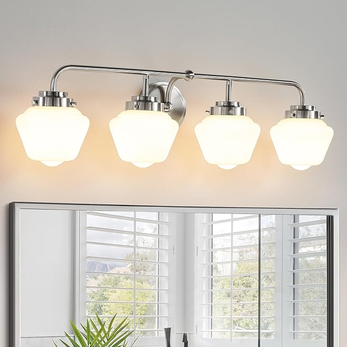 Bathroom Vanity Light Fixtures: 4-Lights Brushed Nickel Vintage Light Fixtures for Bathroom Above Mirror, Wall Lights Indoor with Frosted Milky Glass for Bath Bedroom