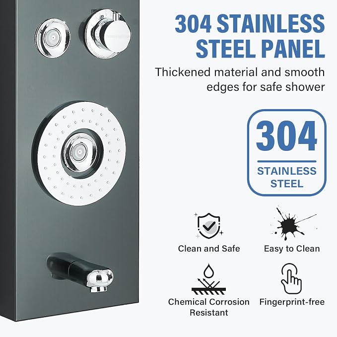 FUZ Shower Panel Tower System, Stainless Steel 6 Functions Shower Panel System with LED Fancy Rain Shower Head and Handheld, Adujstable Rain Massage Body Jets and Tub Spout, Matte Black Shower Tower