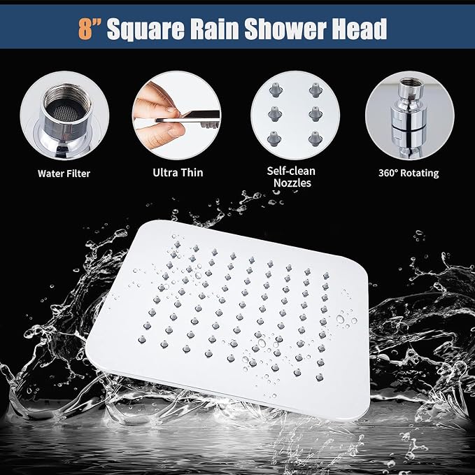 VXV Rainfall Shower Head Combo, 8'' High Pressure Rain Shower Head with 6 Function Handheld Spray, Dual Shower Head Combo with Adjustable Slide Bar, Chrome