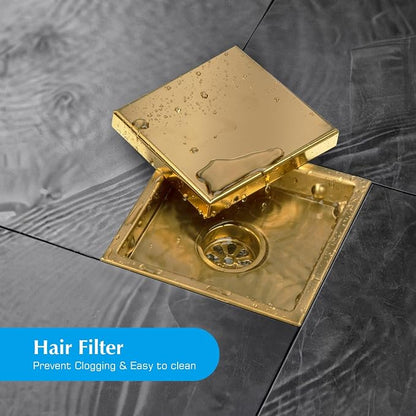 Square Shower Drain Gold 6 inch with 2 in 1 Tile-Insert Cover | AISI 304 Stainless Steel Brushed Shower Floor Drain with Removable Hair Catcher and Flange Fits Bathroom Balcony Kitchen