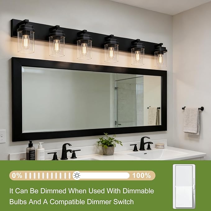 Black Bathroom Light Fixtures, 6 Lights Bathroom Lighting Fixtures Over Mirror, Square Design & Rectangle Large Backplate, Modern Vanity Lighting Fixtures, for Bathroom/Living Room/Bedroom
