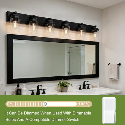 Black Bathroom Light Fixtures, 6 Lights Bathroom Lighting Fixtures Over Mirror, Square Design & Rectangle Large Backplate, Modern Vanity Lighting Fixtures, for Bathroom/Living Room/Bedroom
