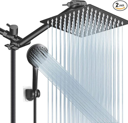 Shower Head Combo, 8 Inch High Pressure Rain with 11 Inch Adjustable Extension Arm and 5 Settings Handheld, Powerful Spray Against Low Water Pressure- Matte Black