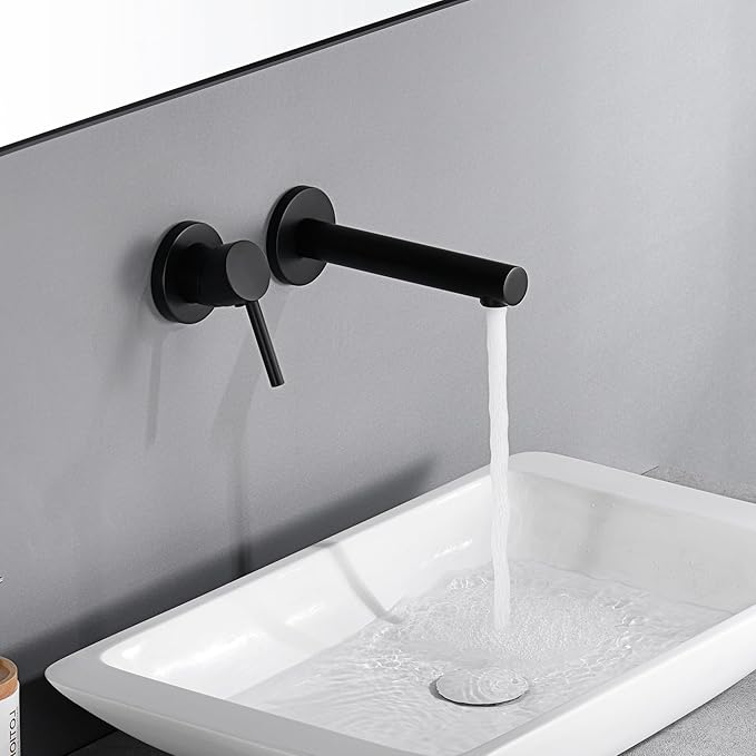 sumerain Single Handle Left-Handed Matte Black Wall Mount Bathroom Faucet, Lavatory Basin Faucet