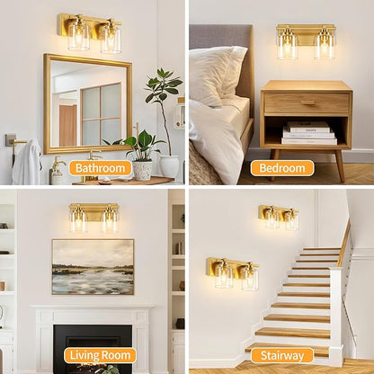 2 Light Modern Bathroom Light Fixtures Over Mirror, Brass Finish Vanity Lights for Bathroom Wall Sconces with Clear Glass Shades, E26 Socket (Bulbs Not Included)