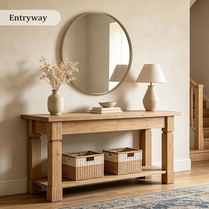 Round Wood Mirror, 40" Round Modern Decoration Large Circle Wall Mirror for Bathroom Living Room Bedroom Entryway, Honey