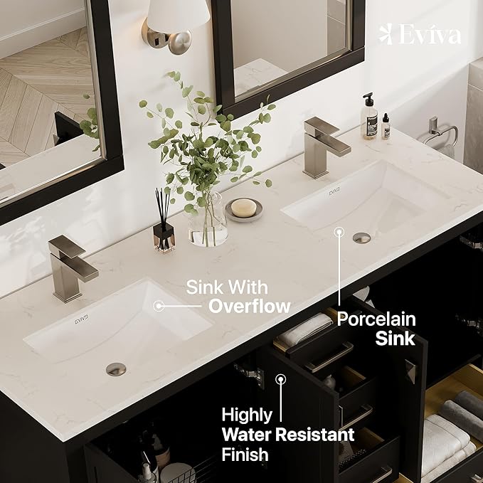 Eviva London 60" W x 18" D Espresso with Sink Bathroom Vanity with White Carrara Quartz Countertop and Undermount Porcelain Sinks