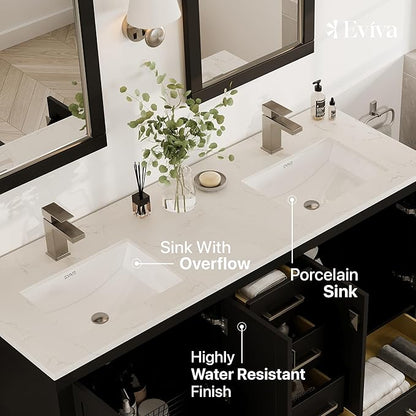 Eviva London 60" W x 18" D Espresso with Sink Bathroom Vanity with White Carrara Quartz Countertop and Undermount Porcelain Sinks