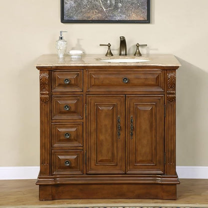 HYP-0904-T-UIC-38-R Travertine Top Off Center Single Right Side Sink Bathroom Vanity with Cabinet, 38"