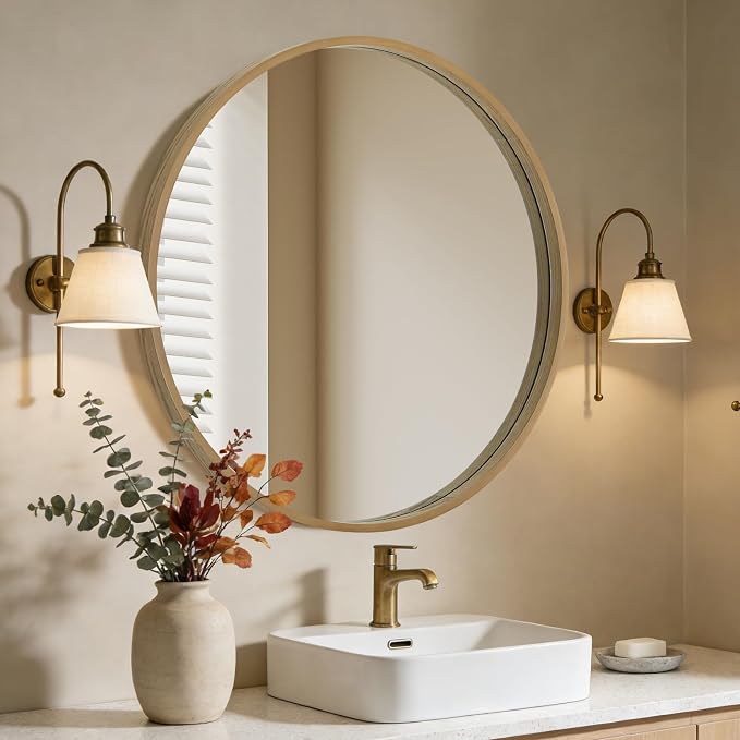 Round Wood Mirror, 36" Round Modern Decoration Large Circle Wall Mirror for Bathroom Living Room Bedroom Entryway, Natural