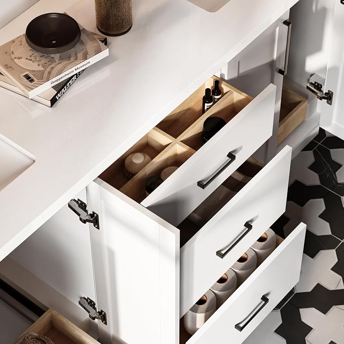 ARIEL Loren 72-inch Bathroom Vanity with Sink,Solid Wood, 1.5-inch Pure White Quartz Countertop, Double Rectangular Porcelain Sink, 4 Soft Closing Doors, 3 Dovetail Drawers, White